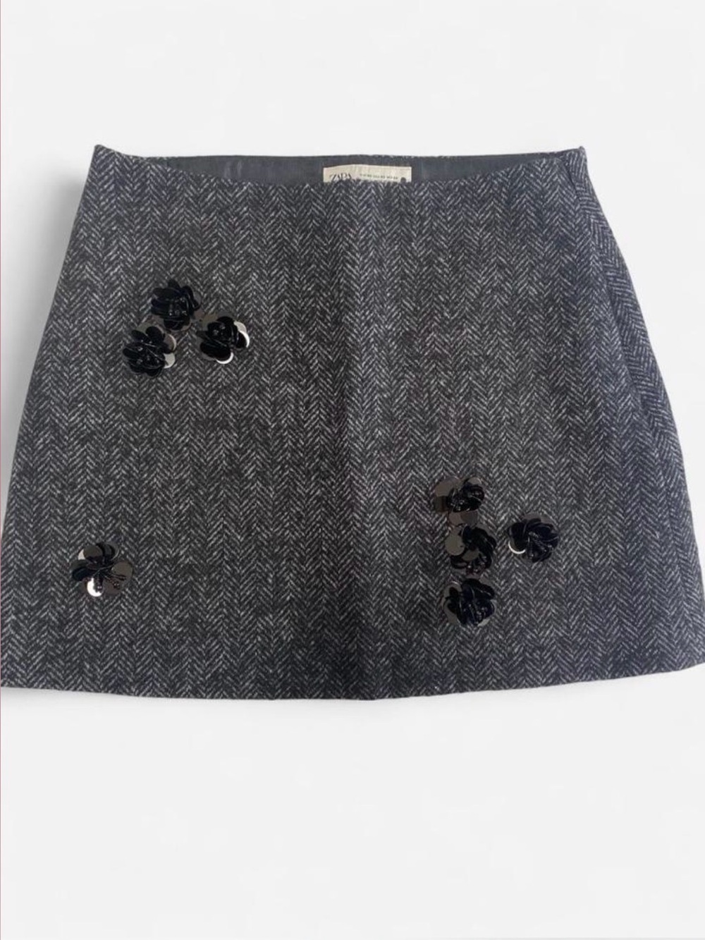 Zara Black Herringbone Mini Skirt with Applique